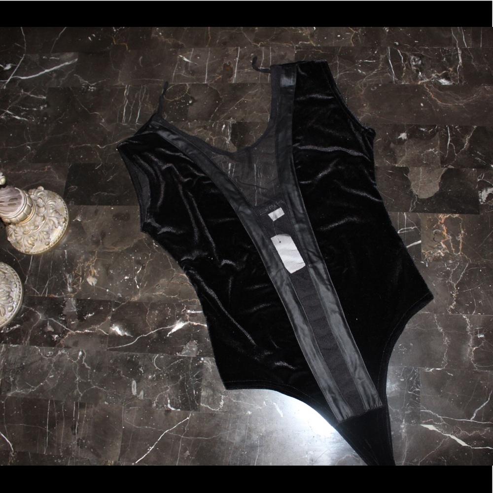 Plunging Neckline Black Velvet Leather Bodysuit